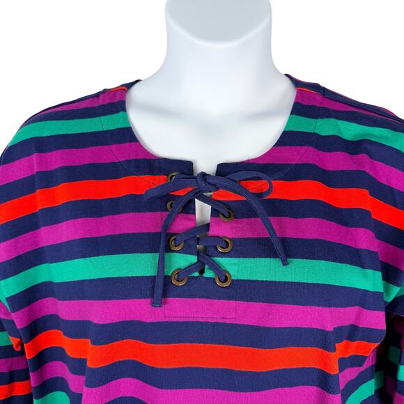 Lands End Top Women Large 14-16 Colorful Striped Cotton Lace-up Tunic Resortwear - Picture 2 of 16